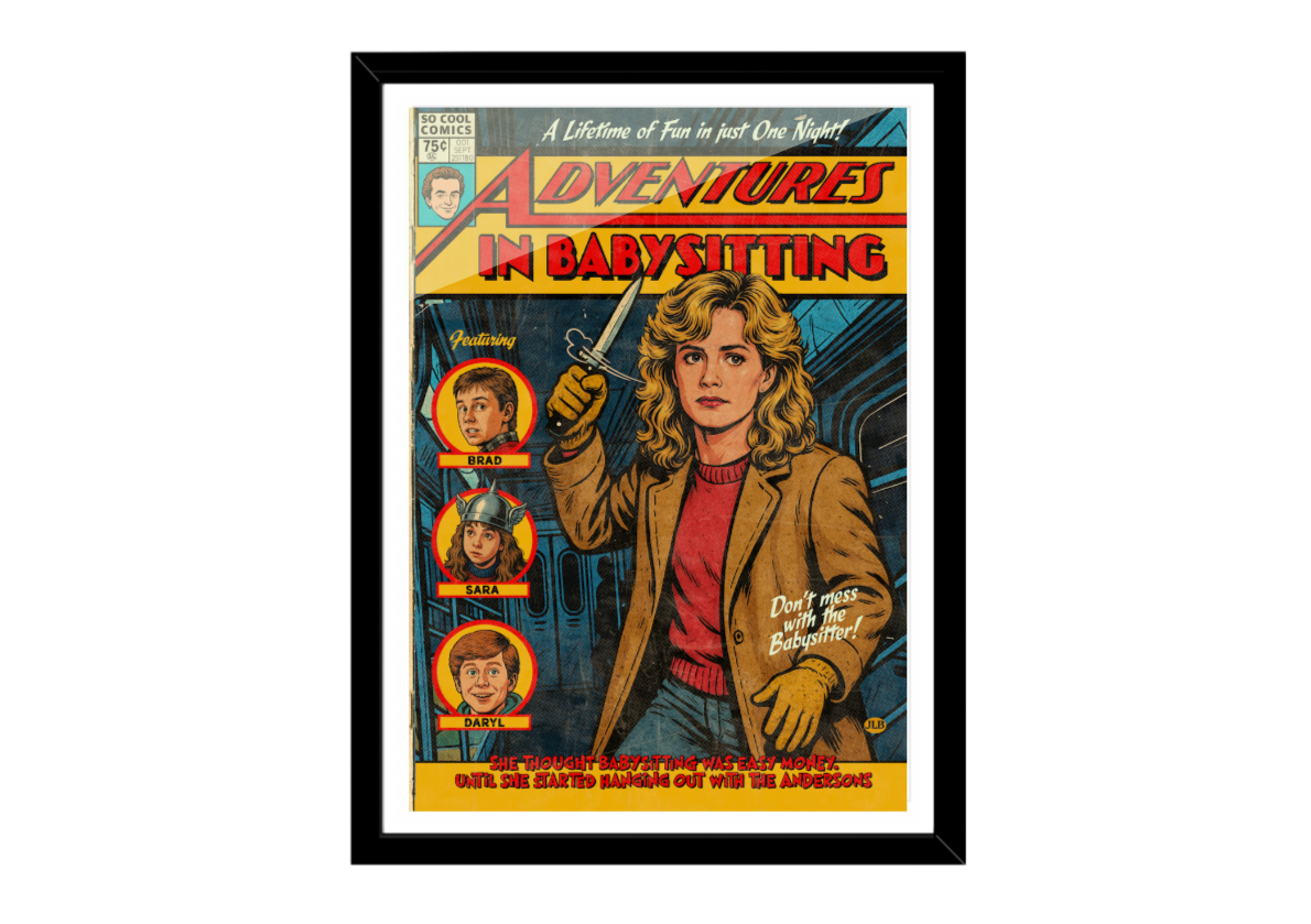Framed poster of 'Adventures in Babysitting' with a character holding a knife.