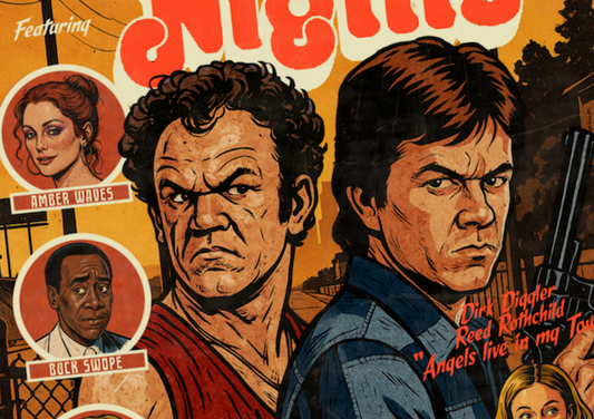 Close-up of halftone texture and distressed comic detail on Boogie Nights art print