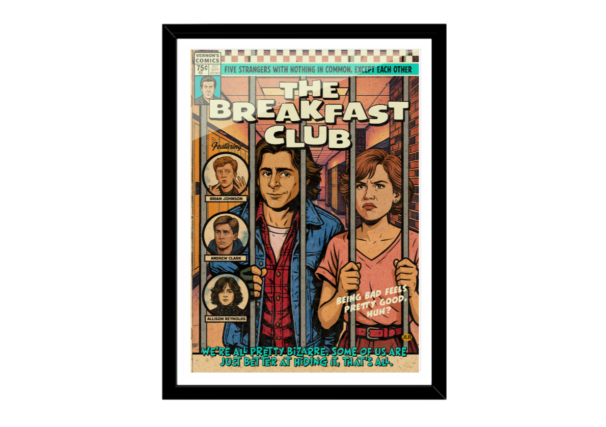 Vintage comic–style The Breakfast Club art print inspired by iconic 80s cinema