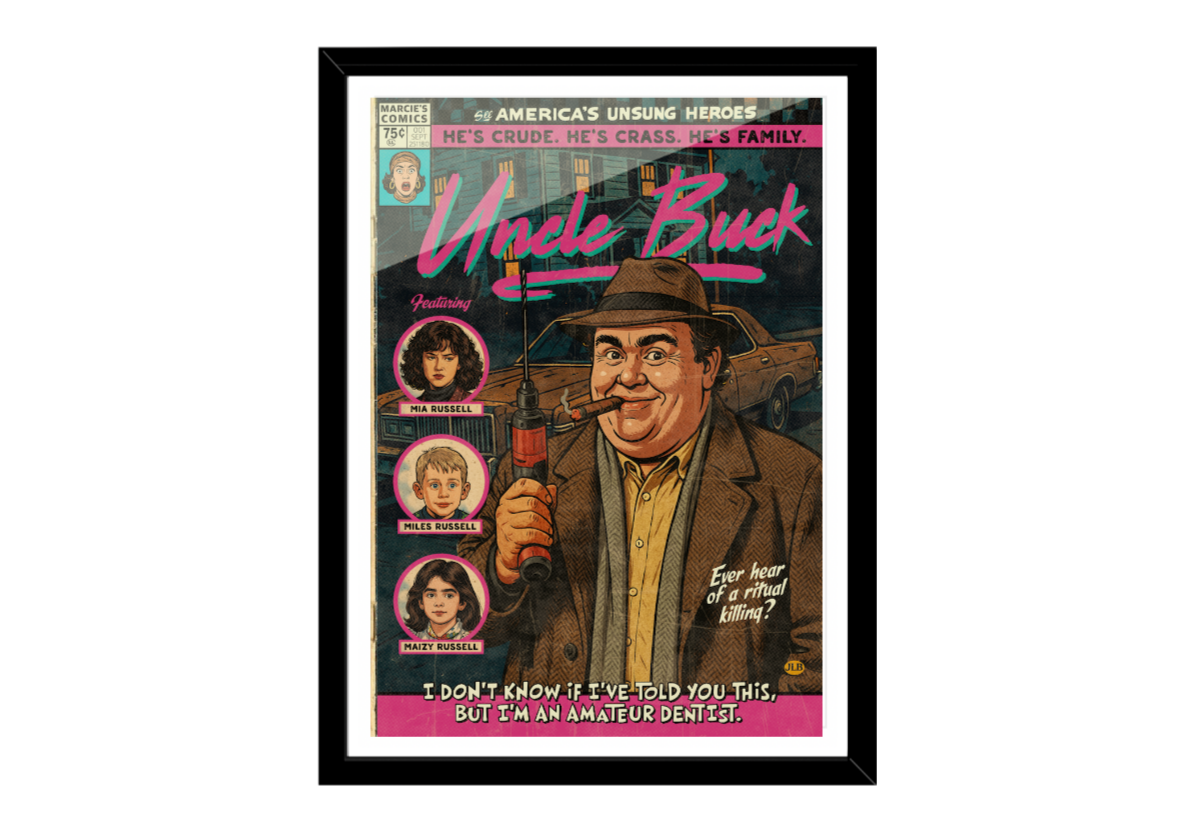 Framed vintage comic–style Uncle Buck art print inspired by cult 80s comedy cinema