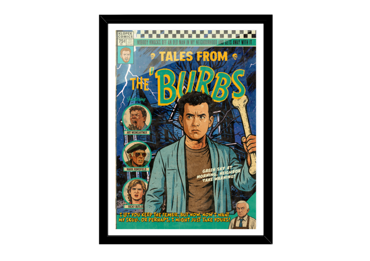 Framed poster of 'Tales from the Burbs' with a character holding a baseball bat.