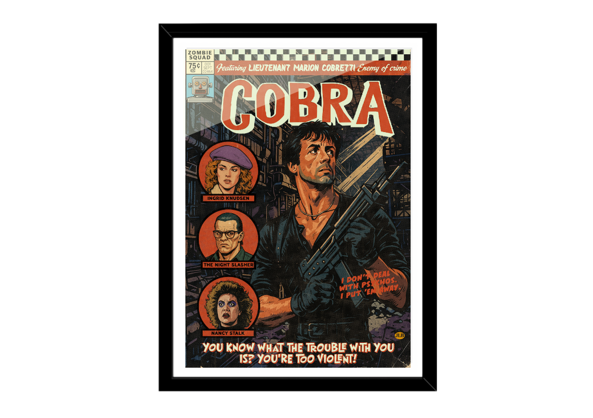 Framed Cobra comic-style art print displayed in a modern interior