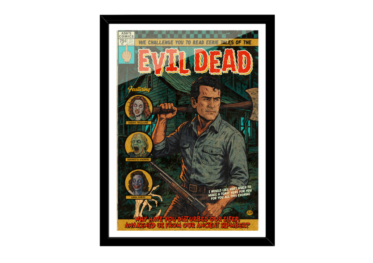 Framed vintage comic–style Evil Dead art print inspired by 80s cult horror cinema