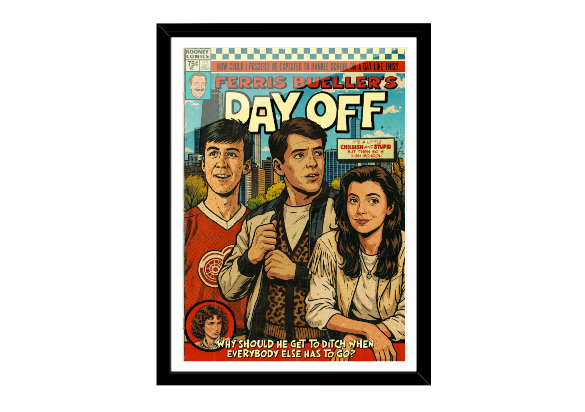 Comic book-style poster of Ferris Bueller's Day Off with three characters on a white background.