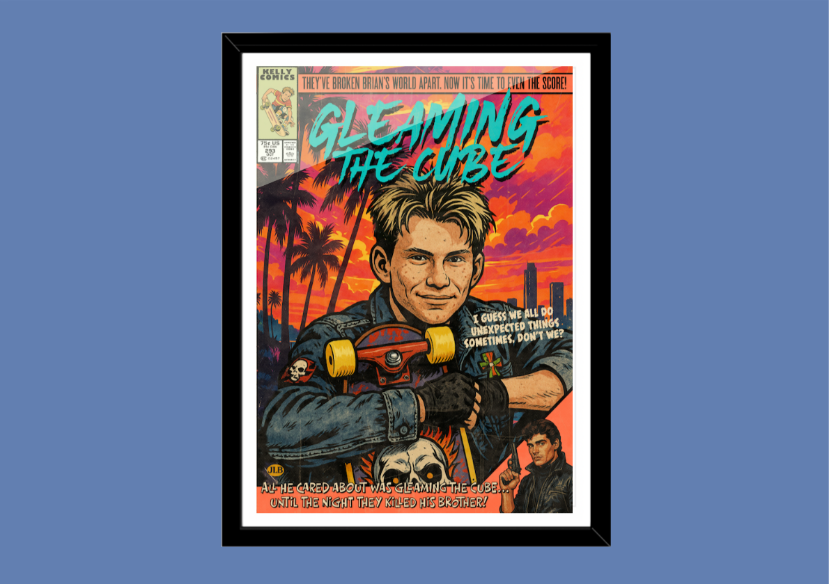 Framed Gleaming the Cube comic-style art print displayed in a black frame