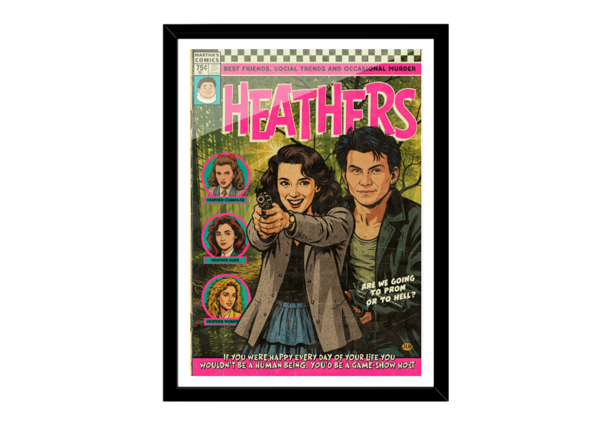 Framed poster of 'Heathers' with two characters on a comic book cover design.