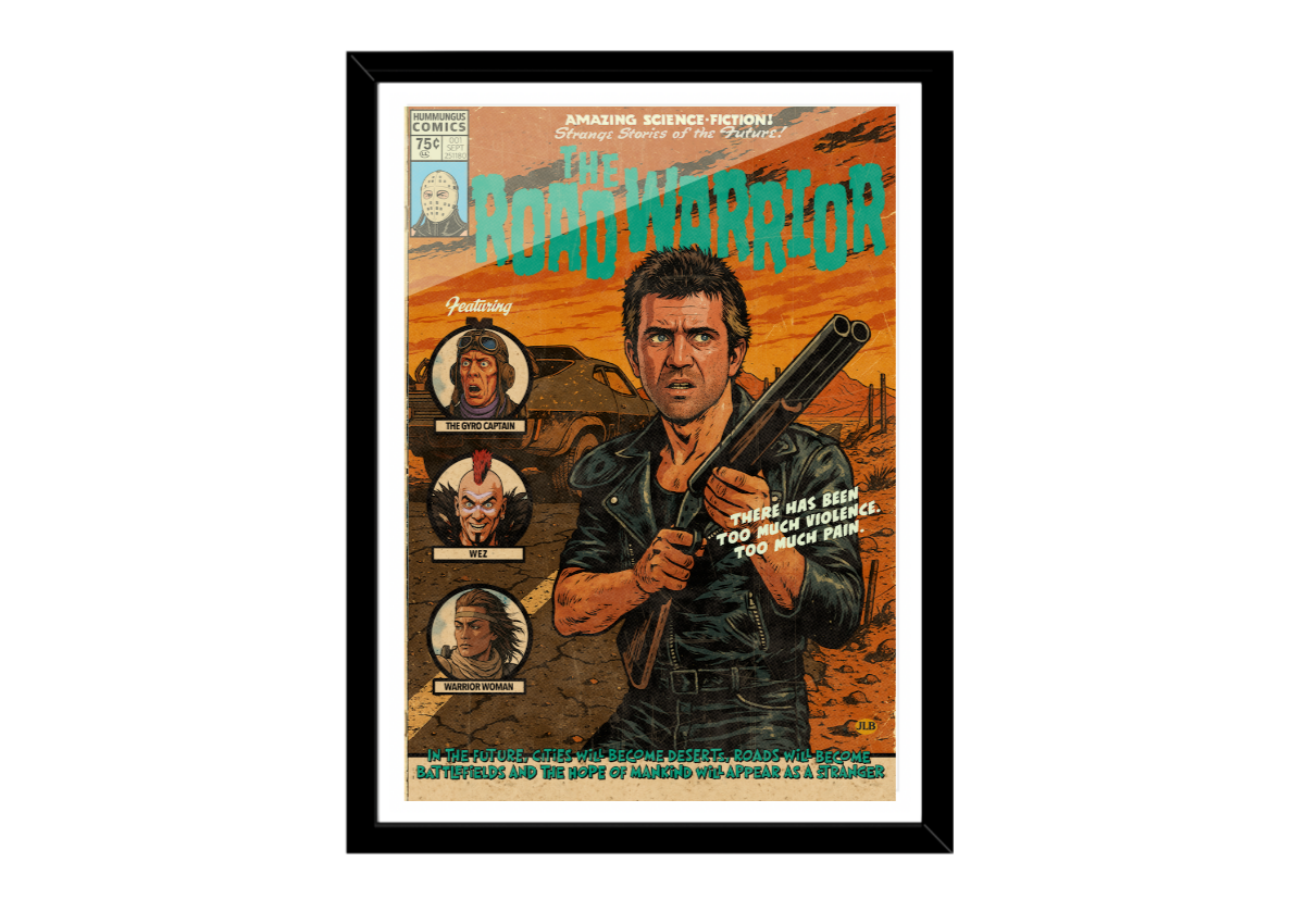 Framed poster of a character holding a gun with text 'The Road Warrior' on a comic book style background.