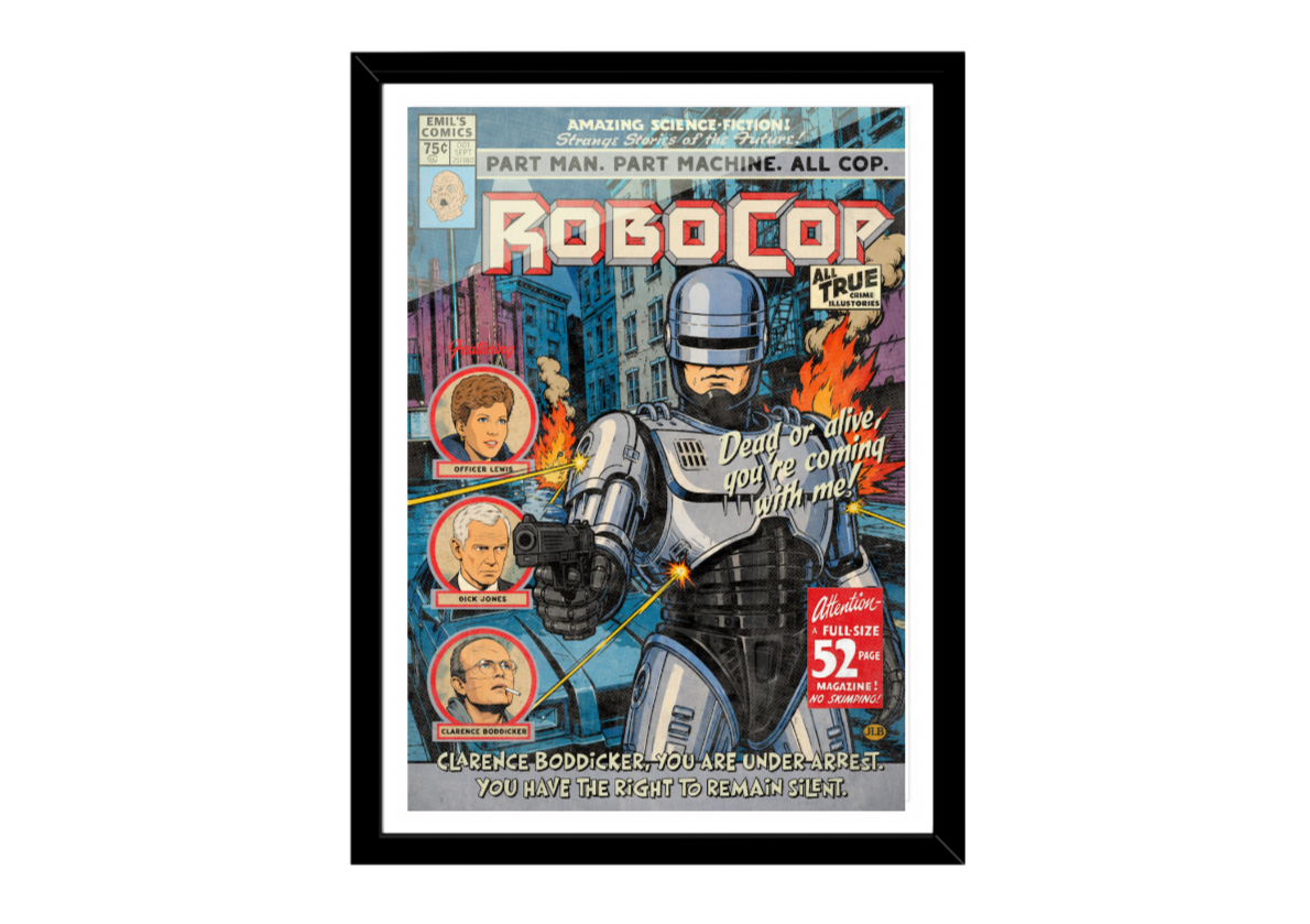 A framed comic book art print of RoboCop, featuring the character in silver armor on a vintage-style city cover with a black frame and white mat, shown against a plain white background.