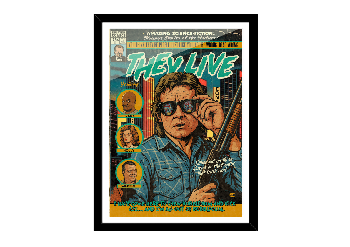 Framed poster of a movie cover with a character holding a gun and text 'They Live'.