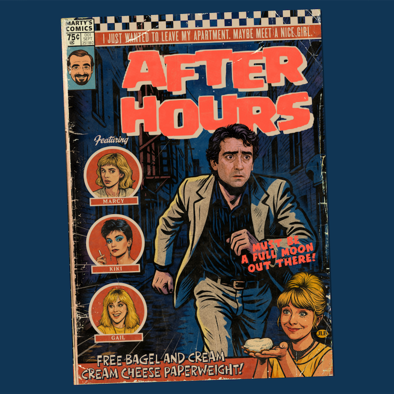 Vintage comic–style After Hours art print inspired by 80s cult dark comedy cinema