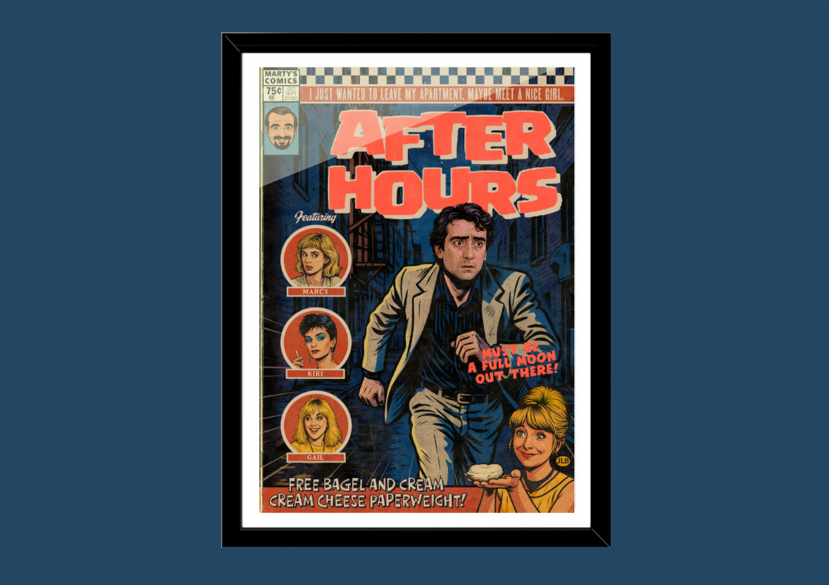 Vintage-style poster with a man and woman, featuring text and graphics on a blue background.