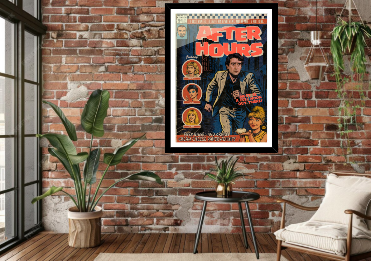 Framed After Hours comic-style art print displayed in modern interior