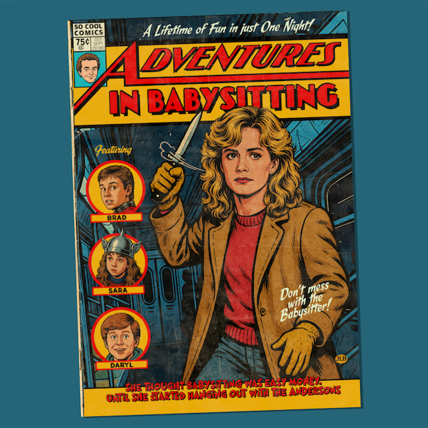 Vintage comic–style Adventures in Babysitting art print inspired by 80s cult cinema