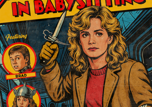 Close-up of halftone texture and distressed comic detail on Adventures in Babysitting art print
