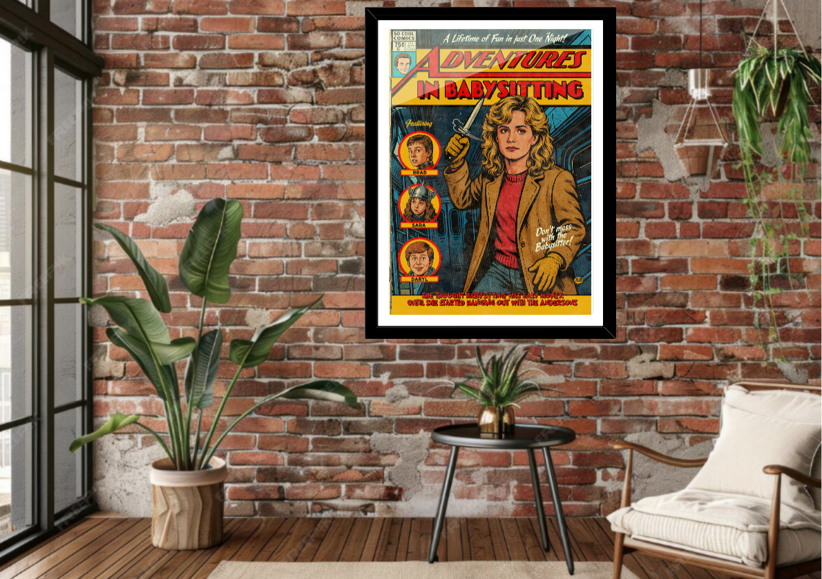 Framed Adventures in Babysitting comic-style art print displayed in a modern interior