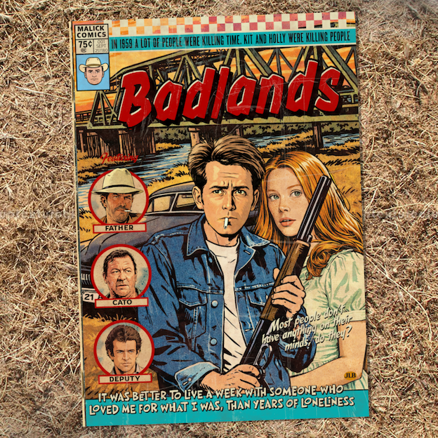 Vintage comic–style Badlands art print inspired by cult crime cinema