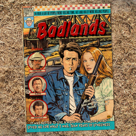 Vintage comic–style Badlands art print inspired by cult crime cinema