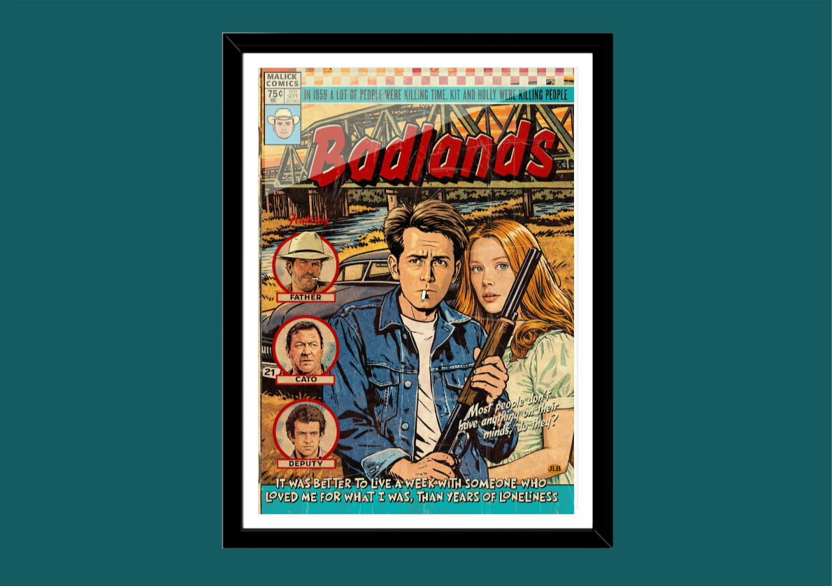 Badlands retro comic cover–style art print with minimalist rural crime aesthetic