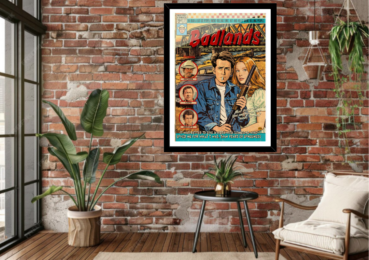 Framed Badlands comic-style art print displayed in modern interior