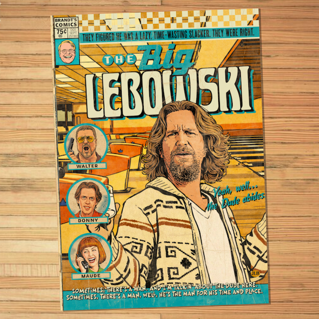 Vintage comic–style The Big Lebowski art print inspired by cult 90s comedy cinema