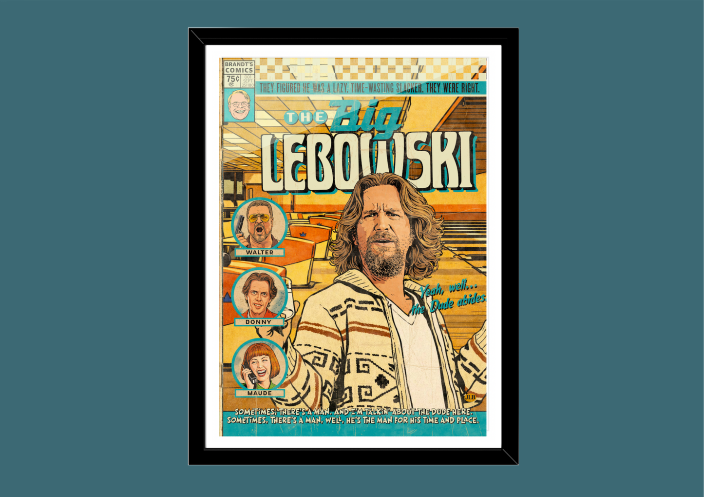 The Big Lebowski retro comic cover–style art print with surreal 90s comedy aesthetic