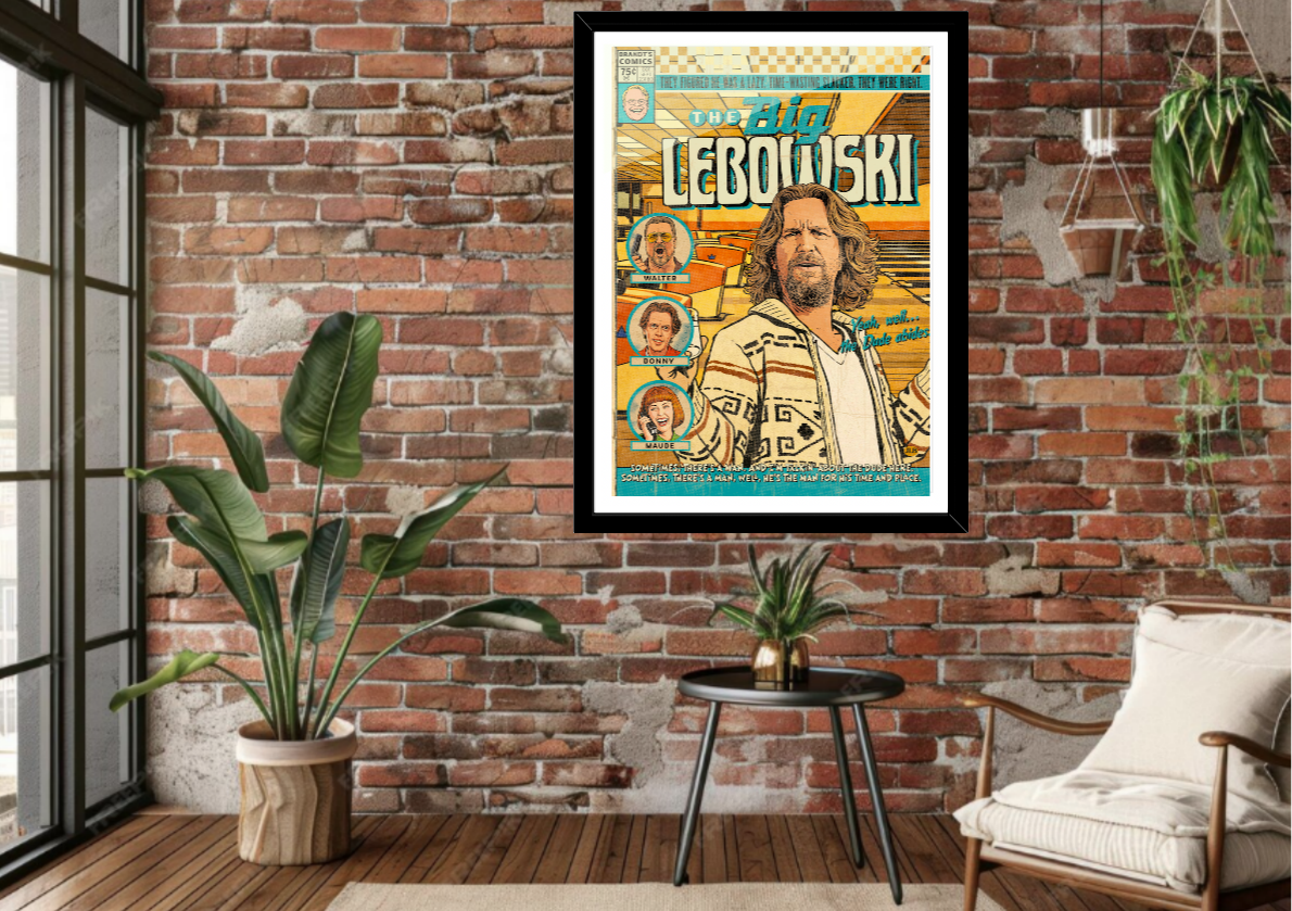 Framed The Big Lebowski comic-style art print displayed in modern interior