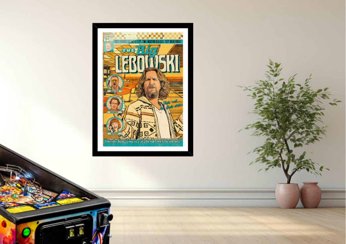 The Big Lebowski vintage comic art print styled with laid-back, retro decor