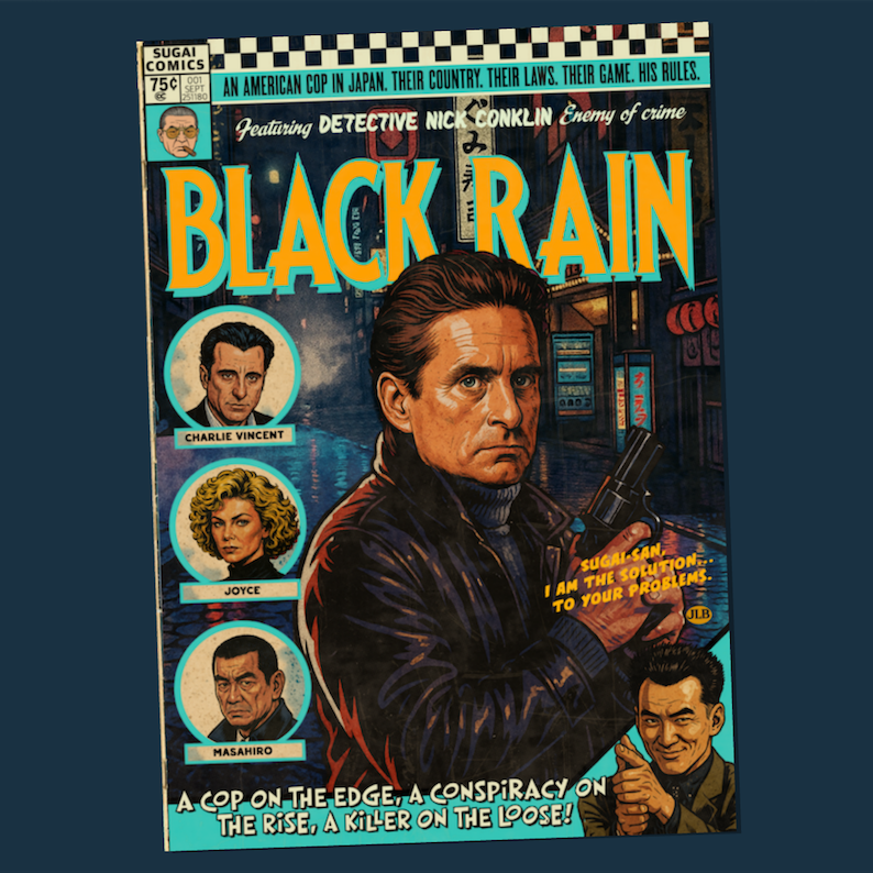 Black Rain comic book style poster print inspired by 1989 Ridley Scott film