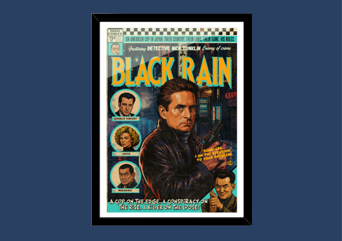 Black Rain poster aailable in A5, A4, A3, A2 unframed sizes