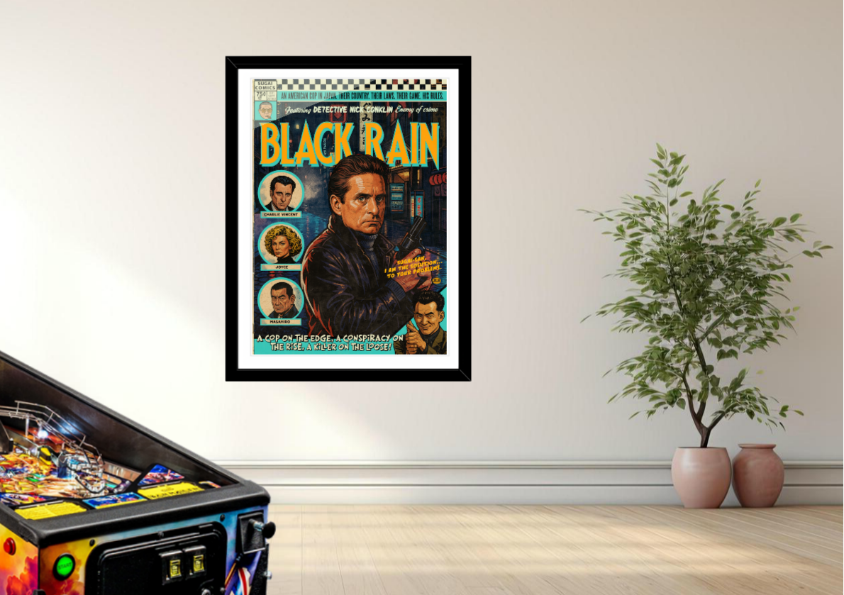 Black Rain retro film poster print in vibrant colours and halftone style