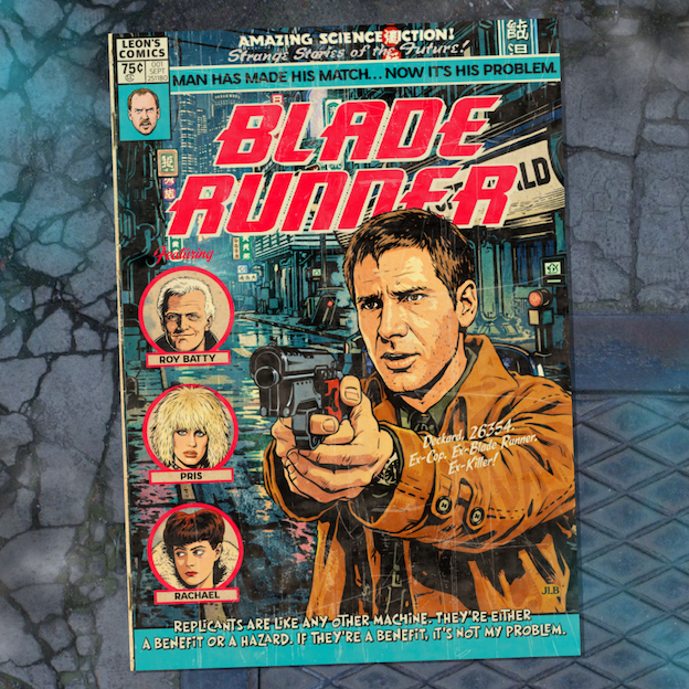 Vintage comic–style Blade Runner art print inspired by cyberpunk sci-fi cinema