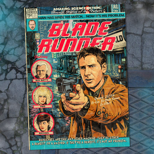Vintage comic–style Blade Runner art print inspired by cyberpunk sci-fi cinema
