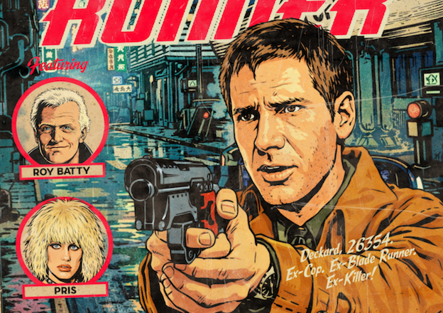 Close-up of halftone texture and neon comic detail on Blade Runner art print