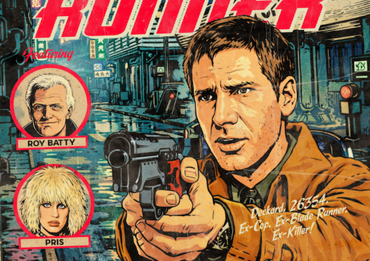 Close-up of halftone texture and neon comic detail on Blade Runner art print