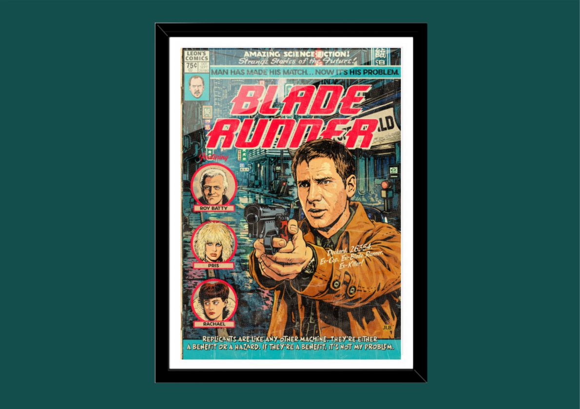 Blade Runner retro comic cover–style art print with dystopian city aesthetic