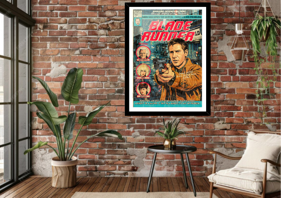 Framed Blade Runner comic-style art print displayed in modern interior