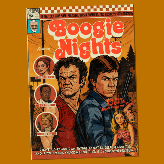 Vintage comic–style Boogie Nights art print inspired by cult 90s cinema