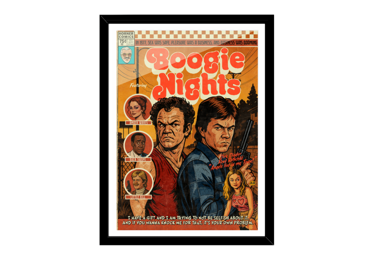 Framed poster of 'Boogie Nights' with characters and text on a white background