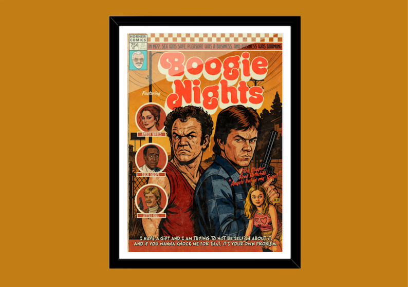 Boogie Nights retro comic cover–style art print with 70s-inspired aesthetic