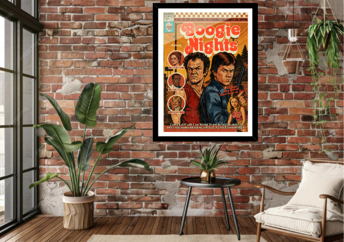 Framed Boogie Nights comic-style art print displayed in a modern interior