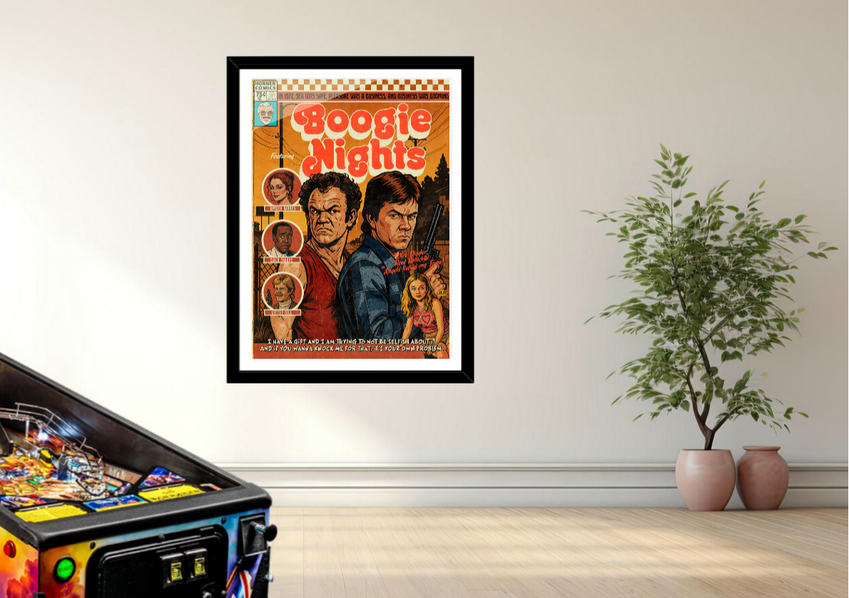 Boogie Nights vintage comic art print styled with retro decor