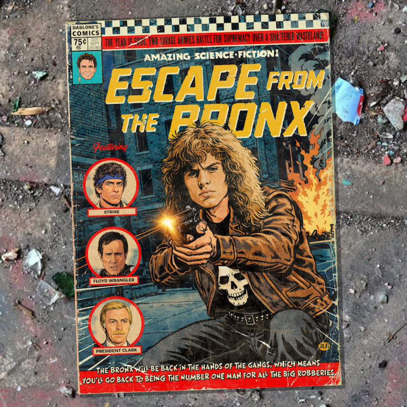 Vintage comic–style Escape from the Bronx art print inspired by 80s dystopian sci-fi cinema