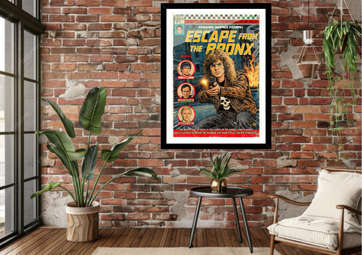 Framed Escape from the Bronx comic-style art print displayed in a modern interior