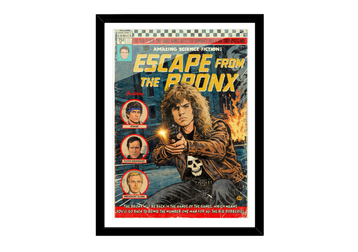 Comic book cover with a character holding a gun, titled 'Escape from the Bronx'.