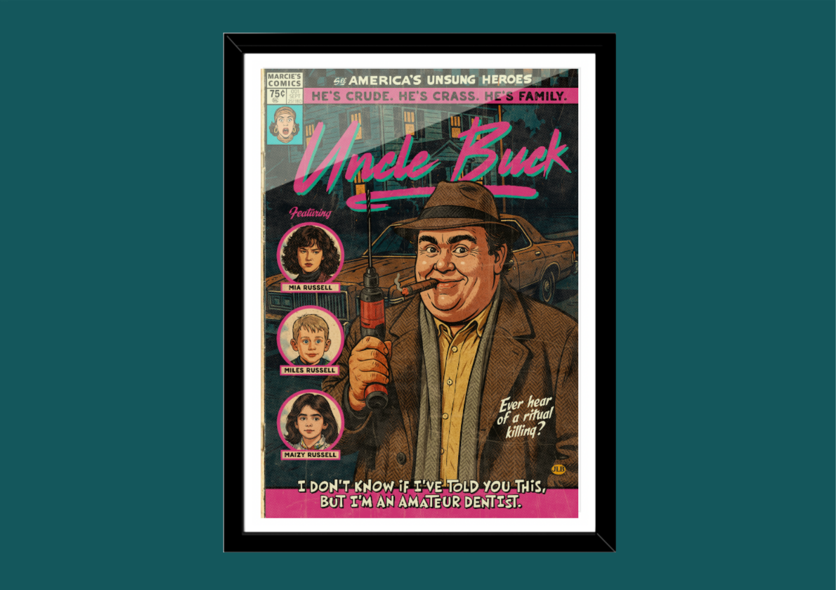 Uncle Buck comic cover–style art print with warm nostalgic aesthetic