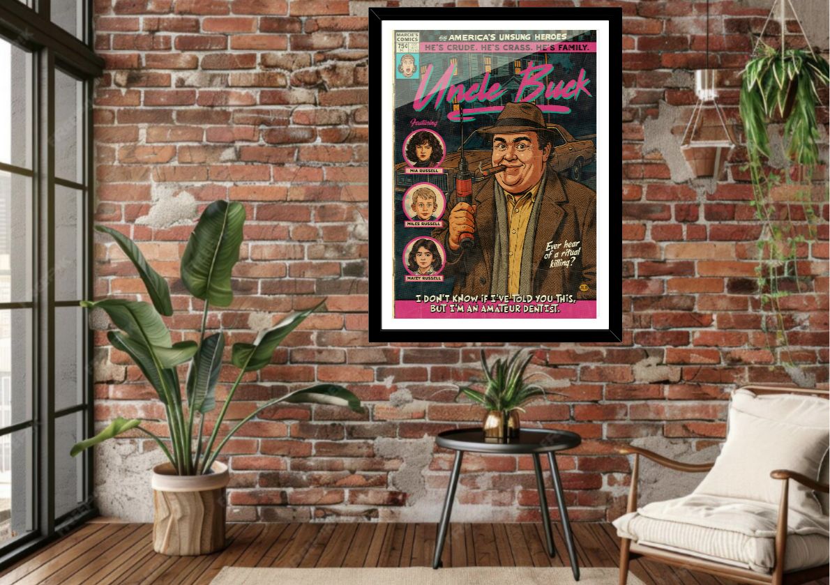 Framed Uncle Buck vintage comic art print displayed in a cozy interior