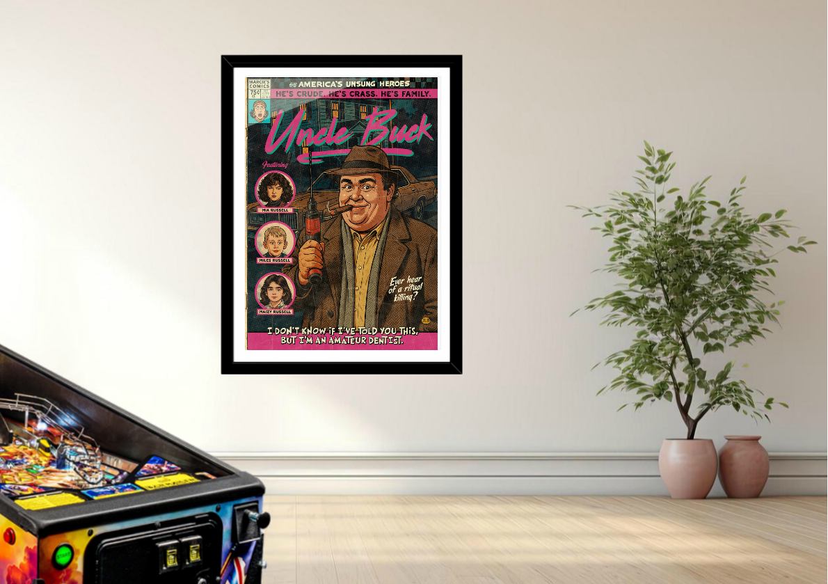 Framed Uncle Buck vintage comic art print displayed in a retro interior