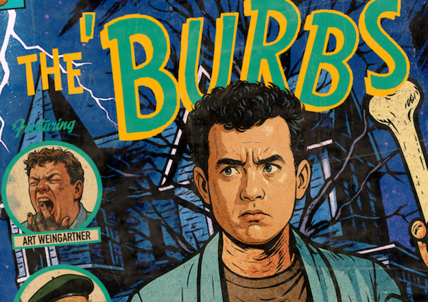 Close-up of halftone texture and distressed comic detail on The ‘Burbs art print