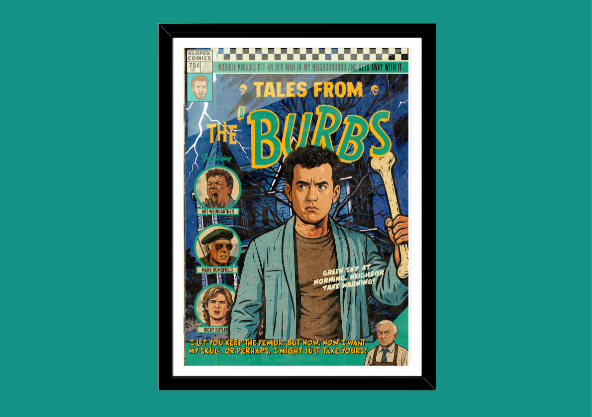 The ‘Burbs retro comic cover–style art print with quirky suburban aesthetic