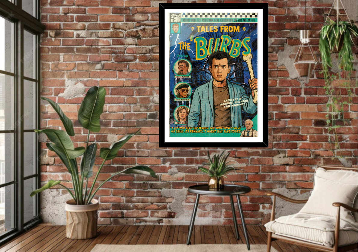 Framed The ‘Burbs comic-style art print displayed in modern interior